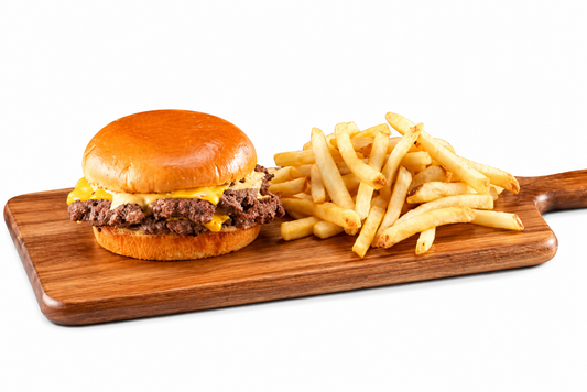 Double Patty smashed beef burger with complimentary fries